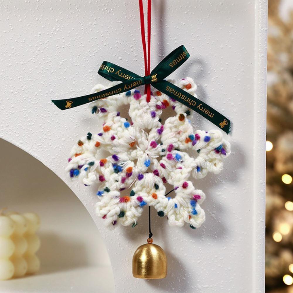 Hand-knitted Christmas Bell Pendant Creative 16cm Crochet Snowflake Pendant with Hanging Rope Ribbon Bow