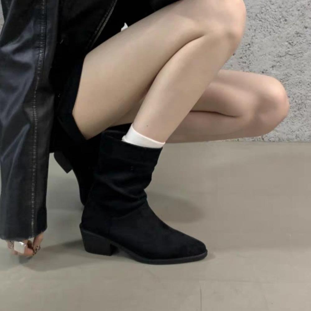 Suede Women's Mid-calf Boots Solid Color Mid-heeled Fashion Winter New Women's Pointed Toe All-match Pleated Fashion Boots