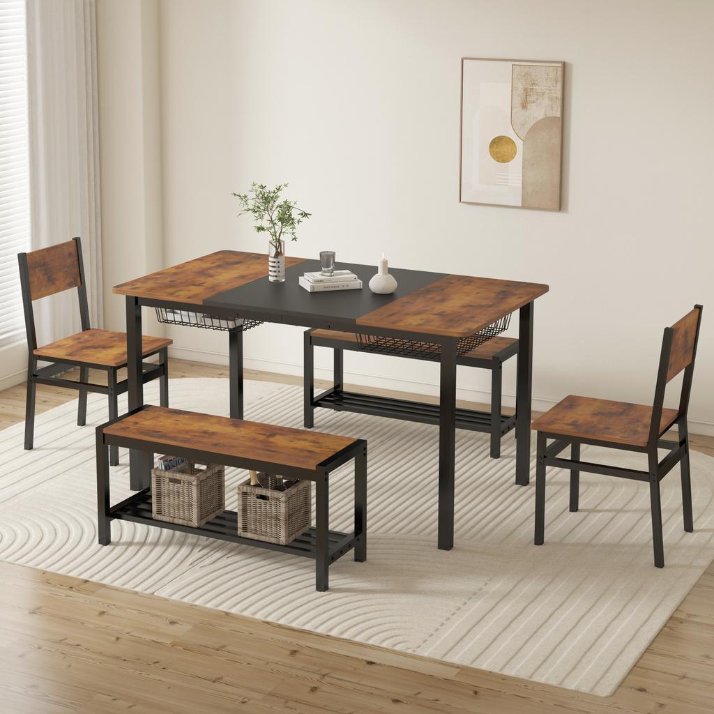 NAIYUFA Dining 5 Pieces Table Set,One Large Table ,2 chairs and 2 Benches for 4-6 people,Wood Brown Sets with Storage Rack