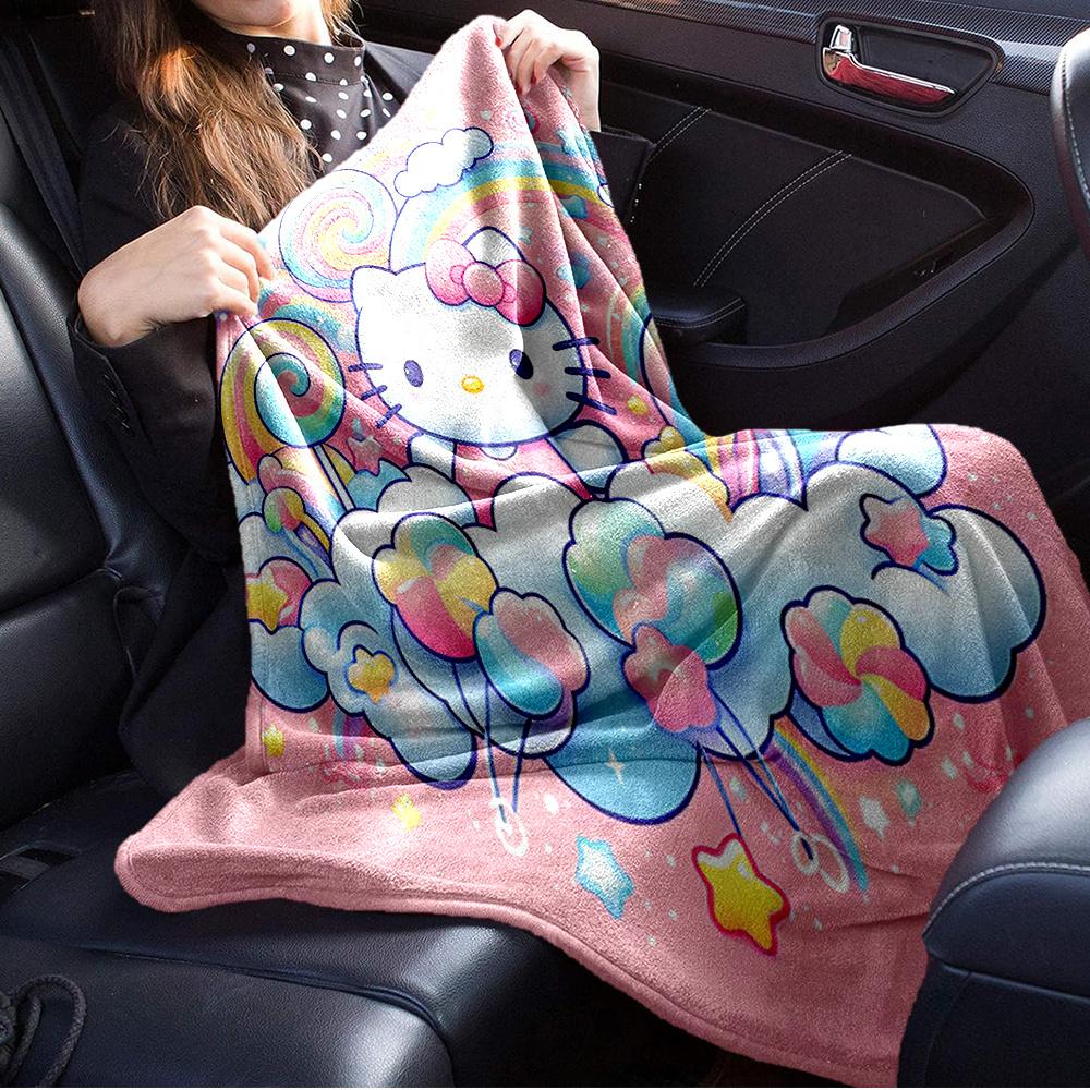For Hello Kitty, Rainbow, Candy LandAnime-Themed Flannel Blanket, Glam Style, Digital Print, All-Season Comfort, Tear-Resistant, Knitted Cra