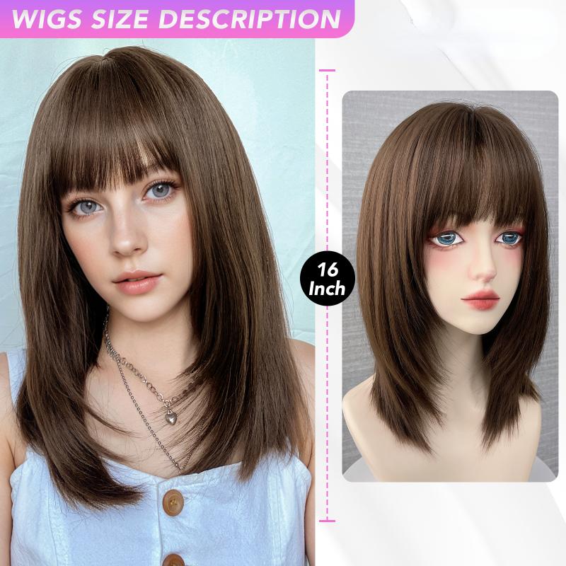 Καφέ ίσια κτυπήματα 16 ιντσών Περούκα από συνθετική περούκα Ανθεκτική στη θερμότητα χωρίς λάμψη Φυσικό κομμωτήριο Cosplay για γυναίκες Καθημερινή χρήση Κορεατική μόδα