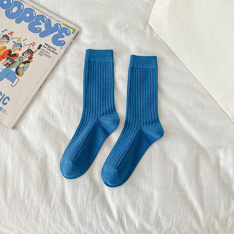 Female Summer Thin Simple Pure Color All Build Vertical Bar Wicking High Tube Cotton Socks
