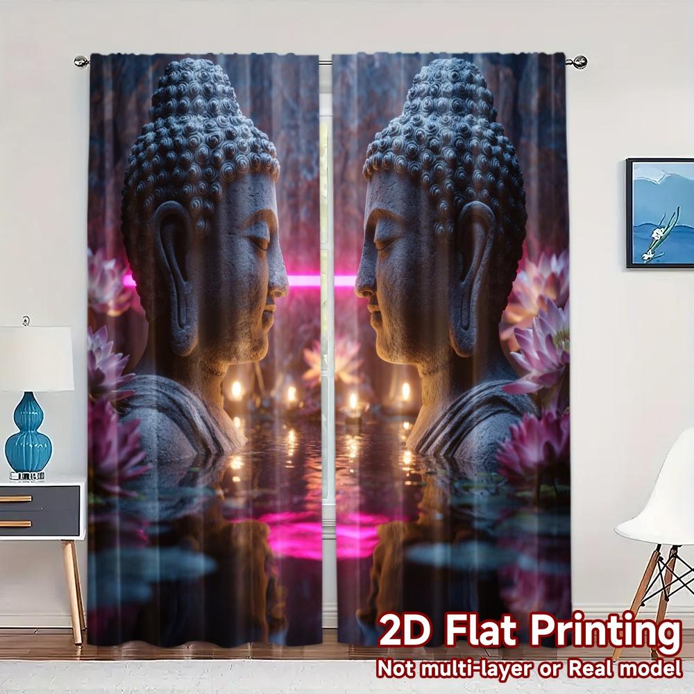 

Modern Flat Printing Curtains Without Rod Serene Lotus Minimalist Versatile Polyester Set Of 2 Made W100*H70(CM)-Grommet top&1PCS