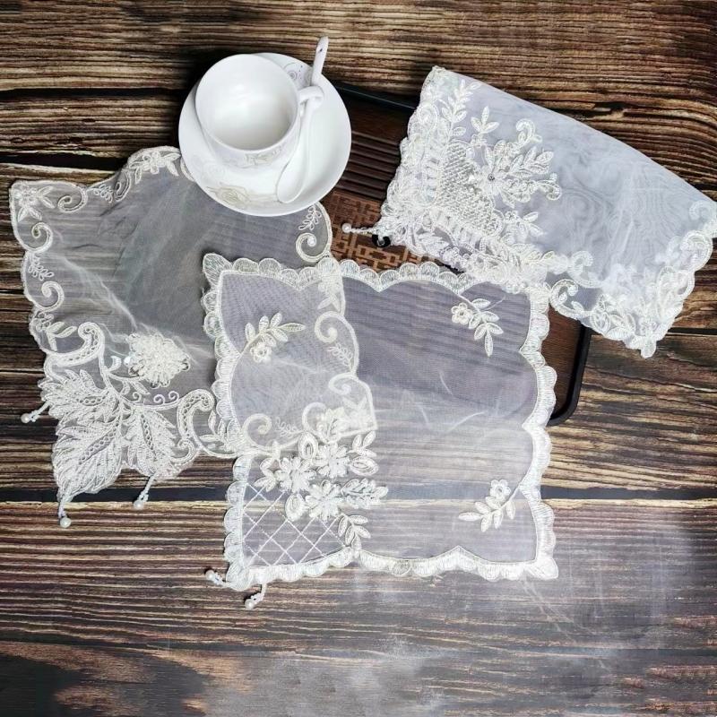 

European Hand Beaded Embroidery Sequin Lace Square Table Mat Tea Set Coffee Cup Bar Cover Christmas Wedding Party Decoration 29x29cm