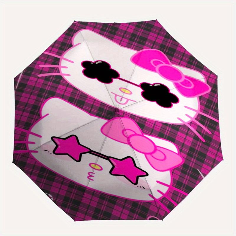 Hello Kitty,Plaid Automatic Folding Umbrella-Simple 8-Rib Design, Bright Cartoon Pattern, Durable Iron Frame, Suitable For Travel, Outdoor,