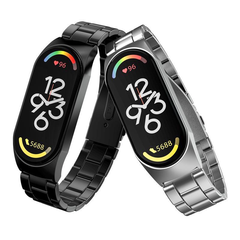 Xiaomi Band 7 Compatible Three-Bead Solid Stainless Steel Wristband Strap