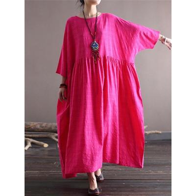 Women Plaid Vintage Dresses Bat Sleeve Loose Spring Robes Patchwork Chinese Style Women Dresses