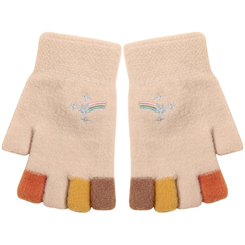 Autumn and Winter Cold Proof Plush Knitted Gloves Imitation Mink Fur Cartoon Women Plus Velvet Warm Half Finger Gloves