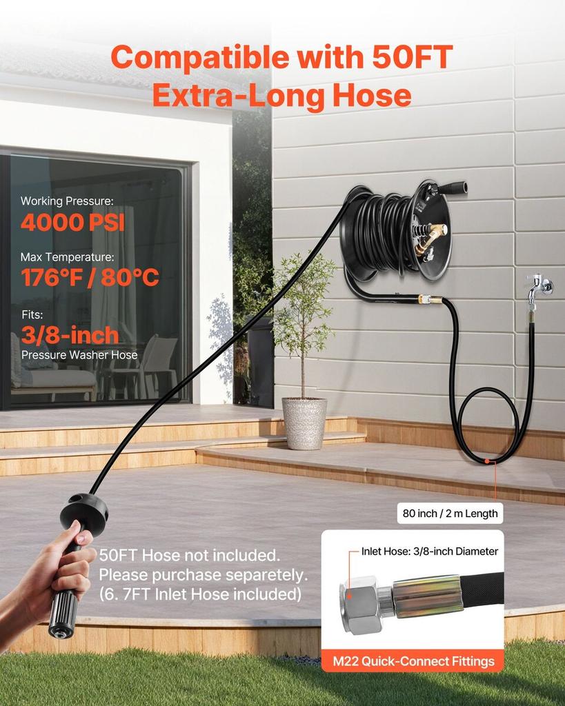 Pressure Washer Hose Reel, 15.2 M X 9.5 Mm Heavy-Duty Steel Bracket-Mounted Pressure Hose Reel, Wall/Floor/Truck Mount, 4000PSI Max, Manual Power Hand