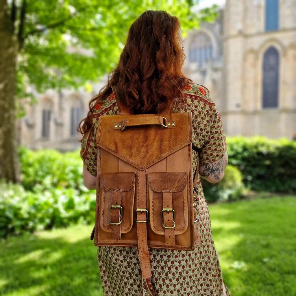 Goat Leather Bag Backpack Laptop Rucksack Vintage Travel Brown Genuine Men's New