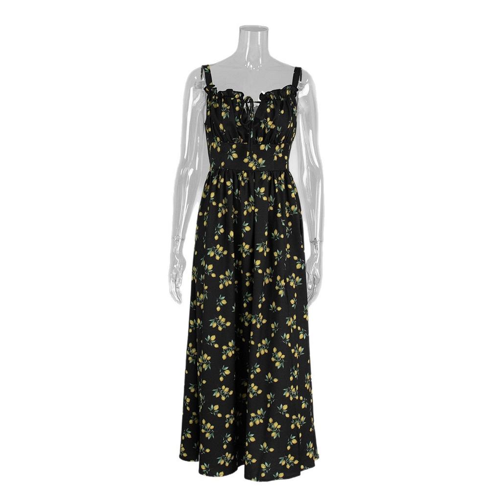 Nuovo Vestito Sottoveste Estivo con Stampa Floreale, Scollo Basso, Vita con Laccio, Spacco Alto, Abito Casual da Festa per Donna