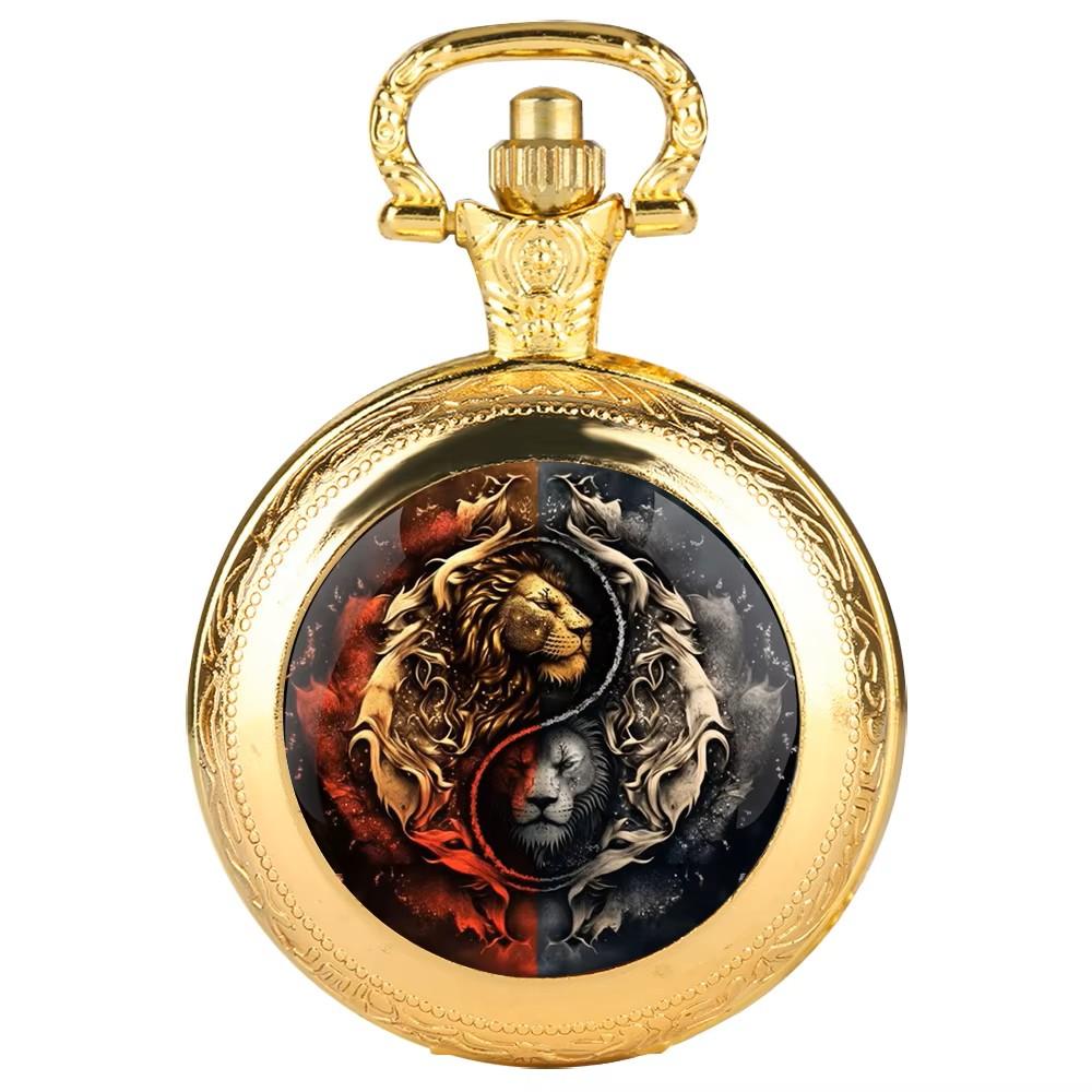 Vintage Retro Løve Leo Zodiak Astrologi Kinesisk Yinyang Kvarts Unisex Menn Kvinner Lommeur Kvarts Halskjede Anheng Klokke Kjede Klassisk Skive
