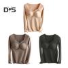 Women Bottoming Tops V-Neck Chest Padded Long Sleeve Thermal Tops Elastic DE Velvet Fabric Tee Shirt