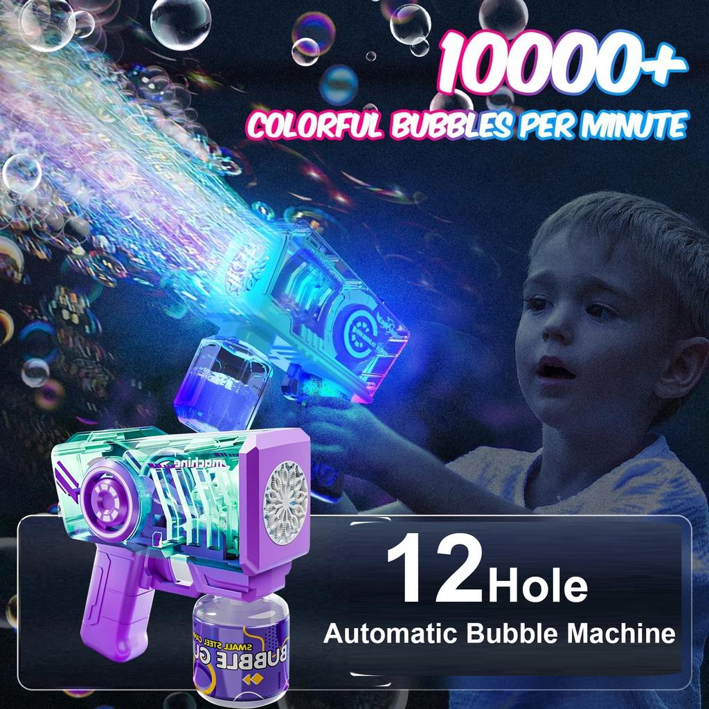 Non-Toxic 12 Hole Handheld Light Bubble Machine Fully Automatic Electric Bubble Gun Soap Bubbles Blowering Outdoor Party Wedding Toys Gift