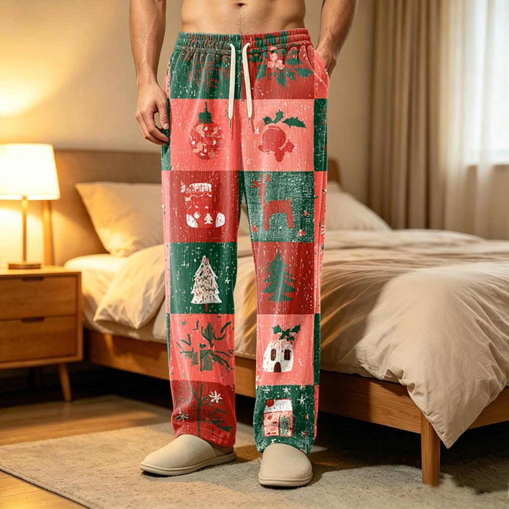 Men's Printed Corduroy Pajama Pants with Pockets, Casual and Sleep Bottoms