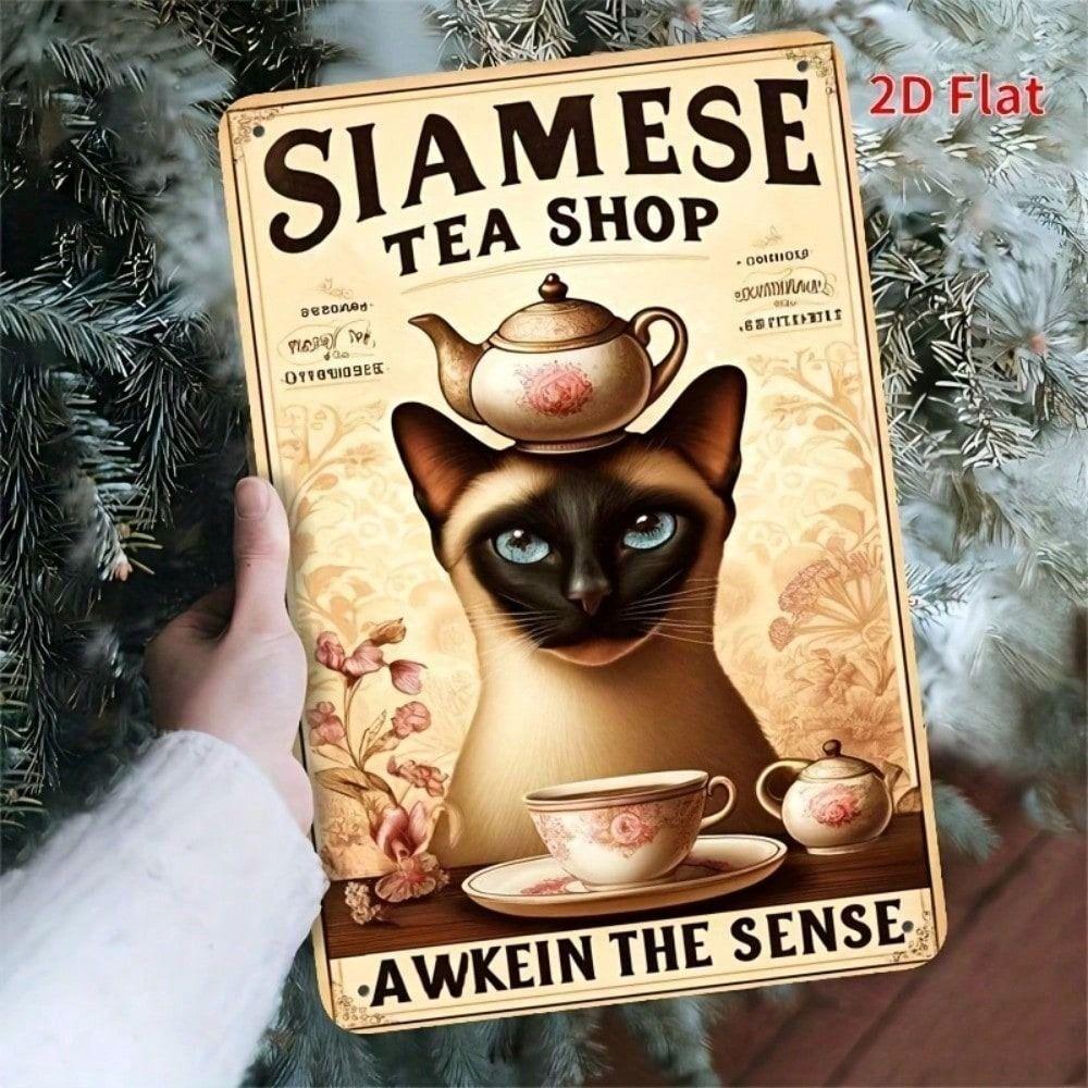 

Vintage Siamese Cat with Cup Metal Wall Art Poster for Kitchen