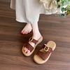 Soft leather retro one-word slippers women's summer 2025 new flat-soled women's shoes soft-soled women's belt buckle beach shoes