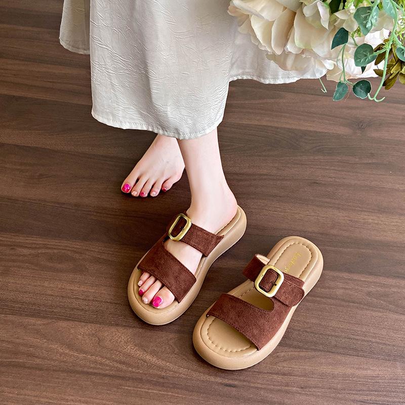 Soft leather retro one-word slippers women's summer 2025 new flat-soled women's shoes soft-soled women's belt buckle beach shoes