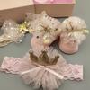 3 Teile/satz Spitze Blume Baby Mädchen Stirnband Socken Set Krone Bögen Neugeborenen Haarband Stirnbänder für Mädchen Turban Baby Haar Zubehör