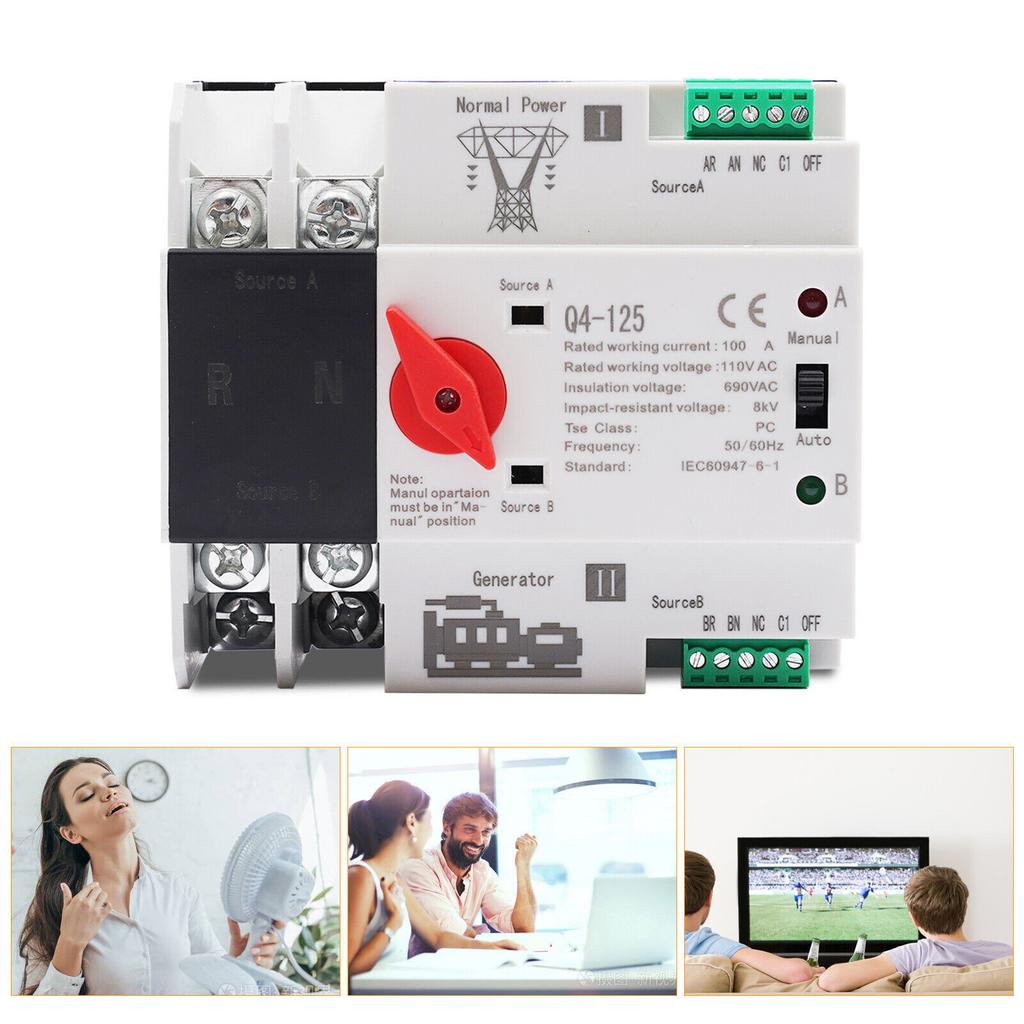 2P 100A Dual Power Automatic Transfer Switch for Generator ATS Changeover Switch AC 110V 60Hz PC Level