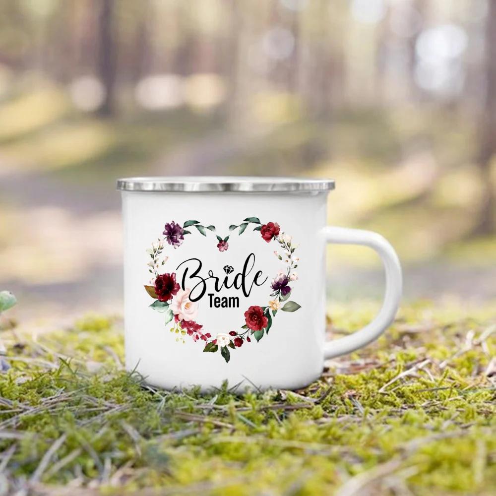Bride Team Flower Print Enamel Mug Bachelorette Party Wine Juice Cup Bridesmaid Gift Coffee Cups Bridal Wedding Shower Gifts