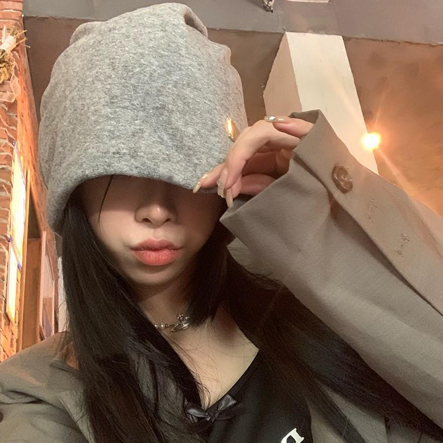 Lazy Wind Big Head Circumference Pile Hat Women's Spring and Autumn Fashion Pullover Cold Hat Showing Face Small Bag Head Hat Women's Autumn