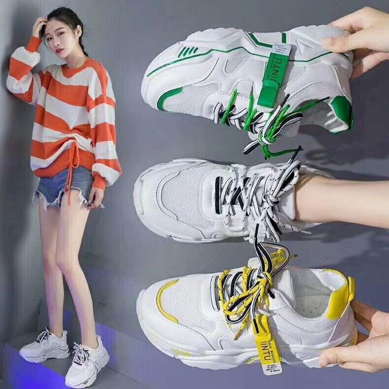 Dad's Shoes Women's Spring Breathable Mesh Thick Soled Sports White Shoes