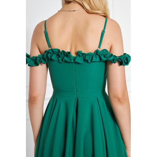 Women's Adjustable Strap Ruffle Detailed Collar Pleated Flared Midi Evening Dress