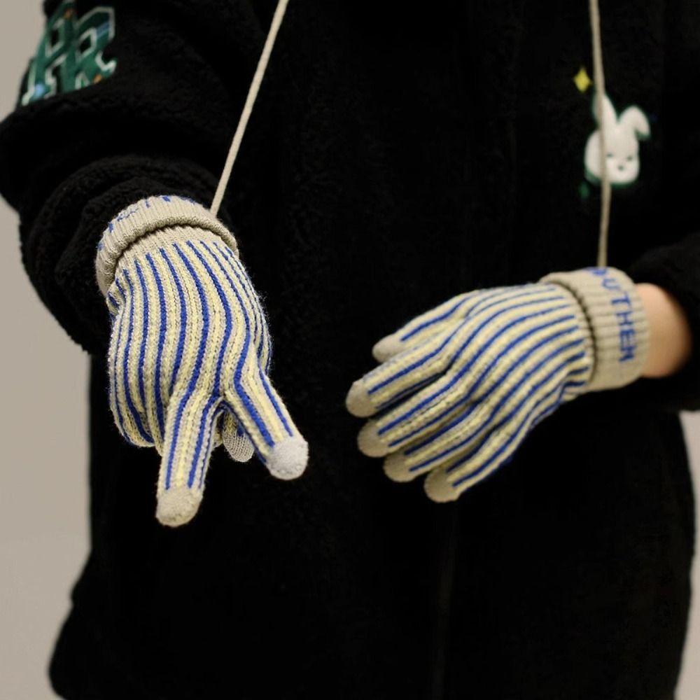 Thickened Striped Gloves Wool Winter Velvet Mittens Retro Knitted Gloves Outdoor