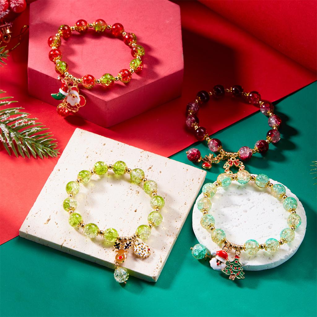 Christmas Crystal Beads Bracelet for Women, Handmade Xmas Snowflake Snowman Bell  , Sparkling Colorful Beads Stretch Bracelet