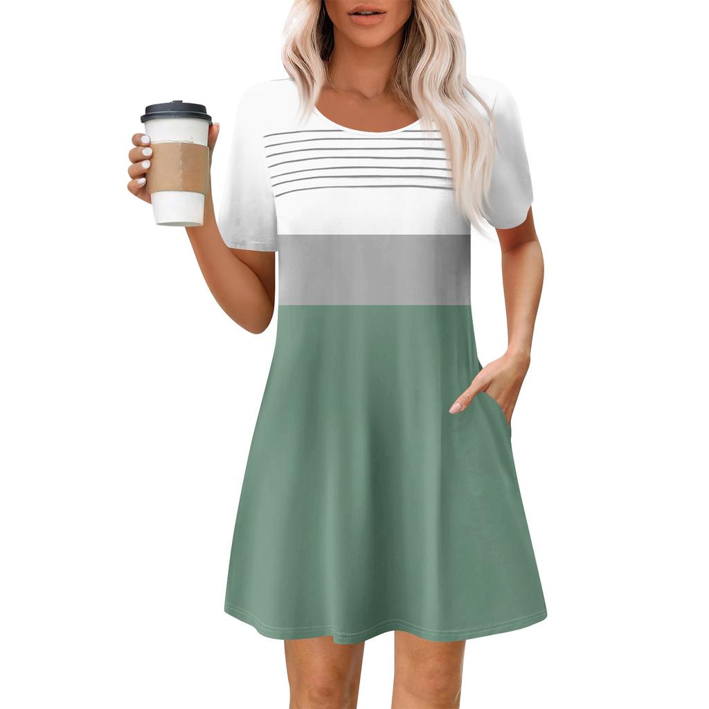 Damen Sommer Casual Rundhals Plissee Mit Taschen Bedruckte Kurzarmkleider