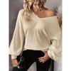 Damenmode, lässig, Frühling und Herbst, einfarbig, langärmelig, V-Ausschnitt, Blusen und Hemden