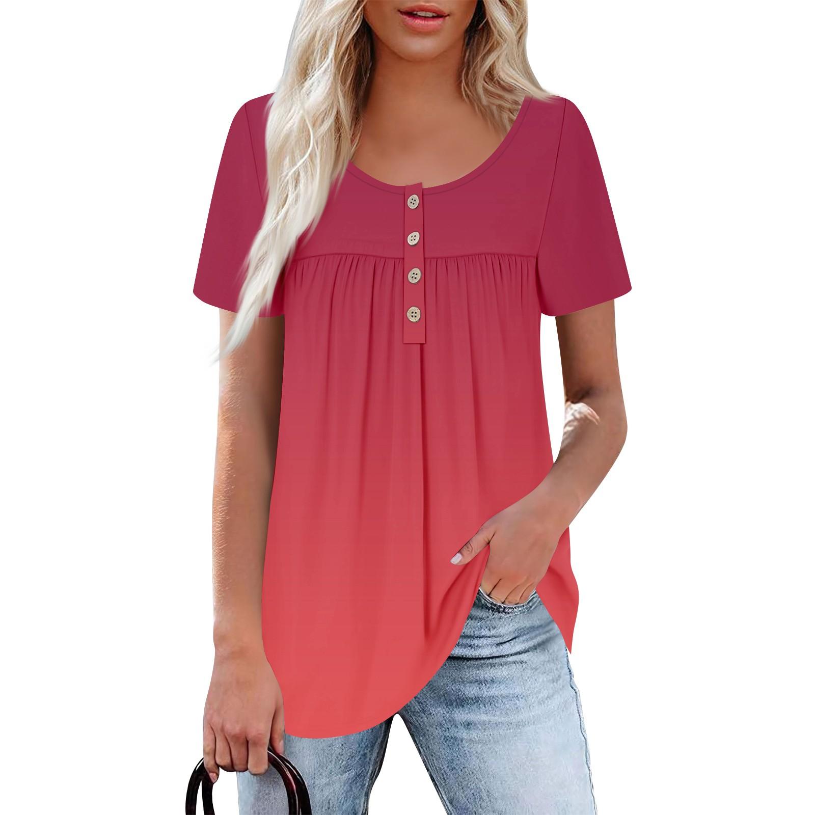

Жіночий повсякденний однотонний топ із круглим вирізом і короткими рукавами, коміром на ґудзиках і рюшами L червоний