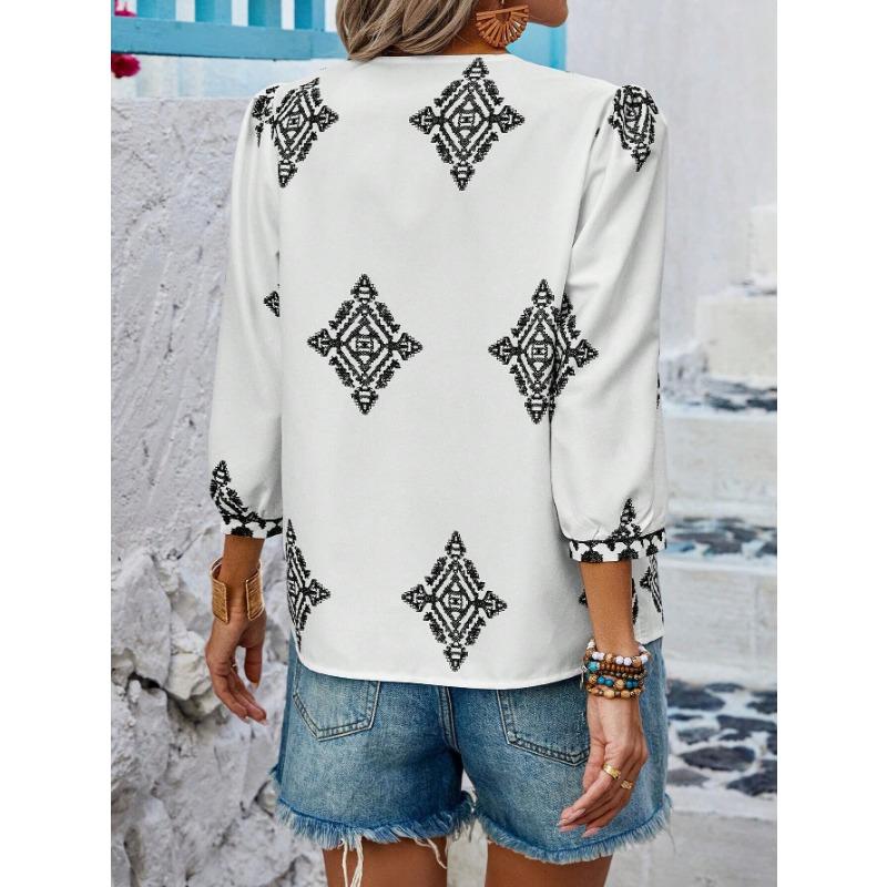 VEZFAA Damenmode Lässig Sommer Frühling Rautenmuster Kurzarm V-Ausschnitt Blusen & Hemden