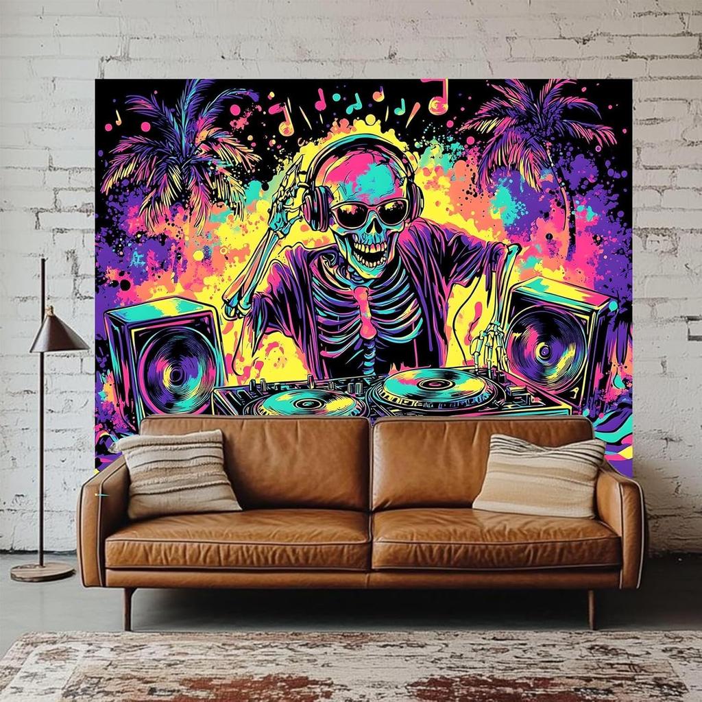 TUGCAY Blacklight Skull Tapestry UV Reactive Skeleton Tapestry Funny Music Tapestries Wall Hanging for Bedroom Dorm Party Decor (51.2 x 59.1 inches)