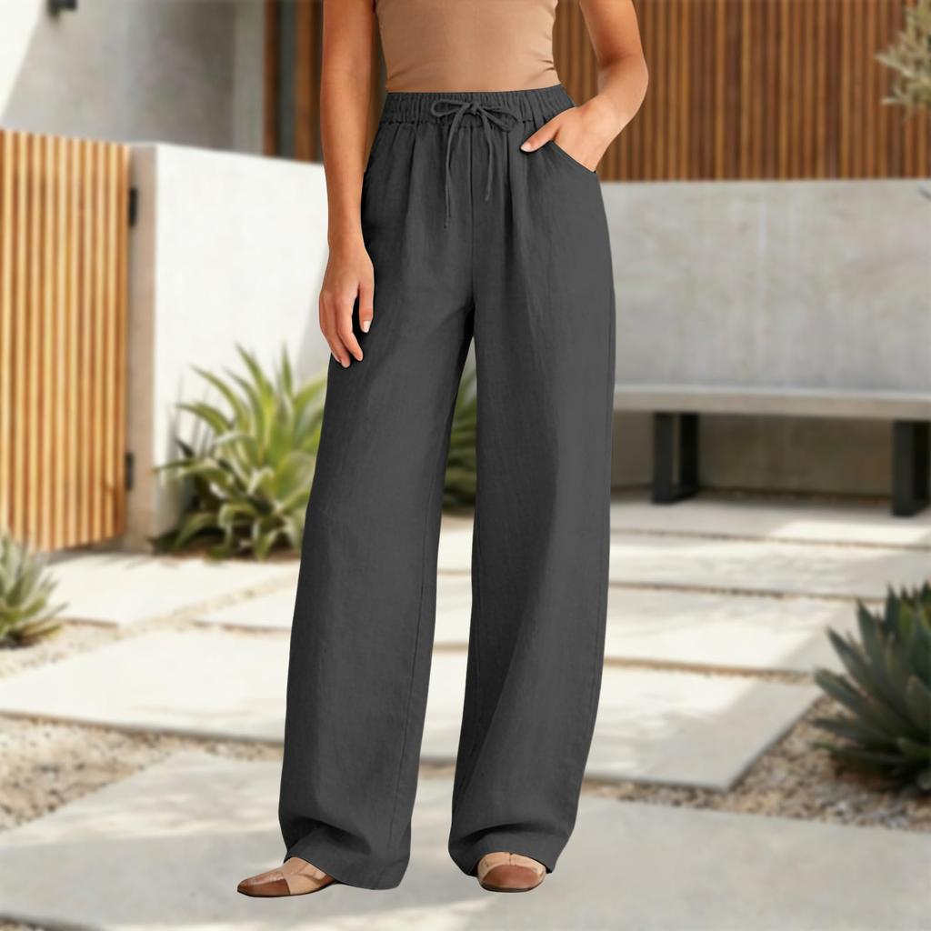 Women's Casual Relaxed Fit High-Waisted Belted Pocket Cotton-Linen Blend Trousers