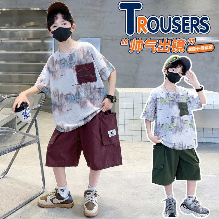 Boys' summer sports and leisure two-piece set, children's ink printed short sleeved shorts, teenagers' outdoor set