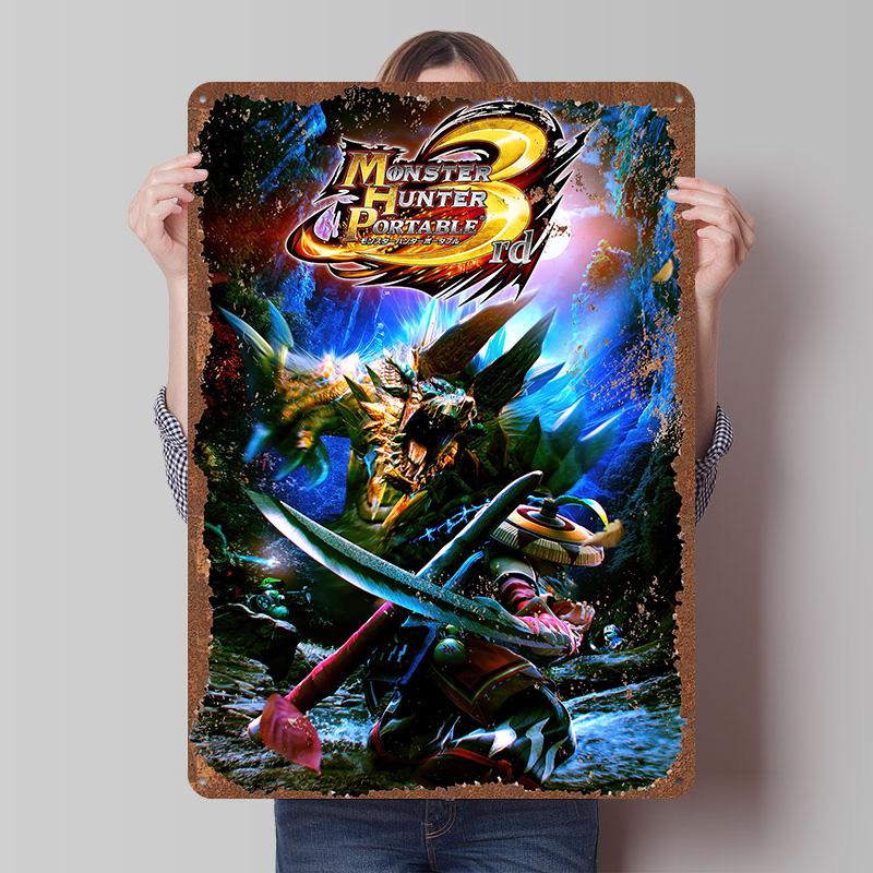 MMonster Hunter Tinplate Posters Custom Wall Art Vintage Metal Signs Retro Tin Plaque for Gaming Decoration Room Bar Accessories