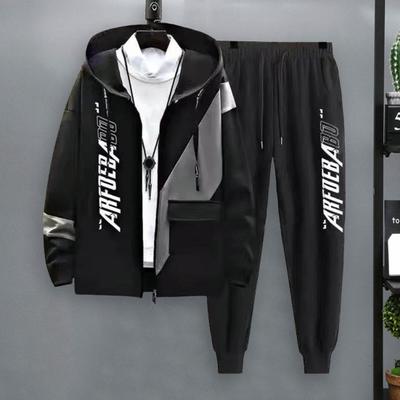 2Pcs/Set Simple Elastic Waistline Ankle Length Male Sweatsuit Color Block Sport Jacket Sweatpants Jogging Suit Streetwear