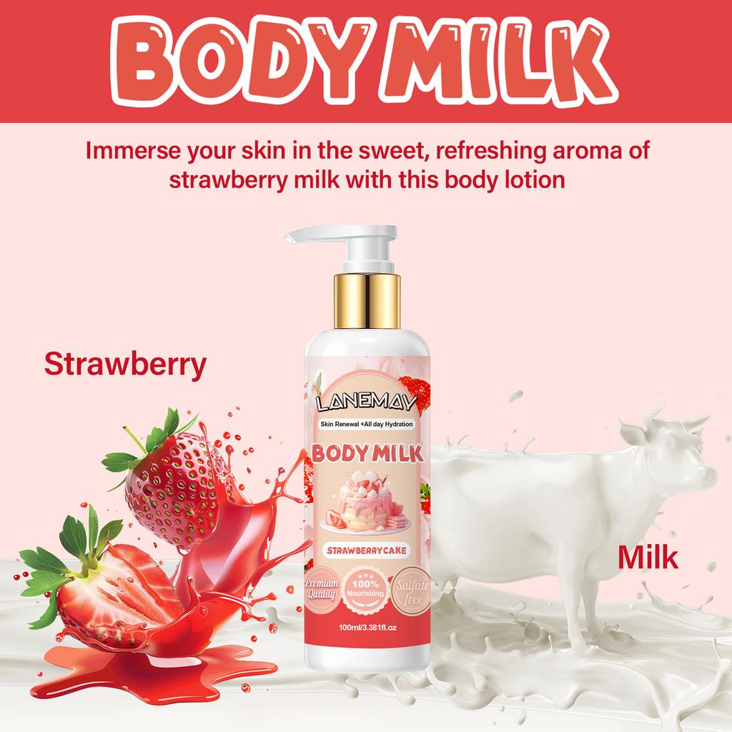 Loțiune de corp Căpșuni și Lapte - Hidratează profund și hrănește Bej deschis, Îmbunătățește moliciunea Bej deschis, Protejează împotriva uscăciunii