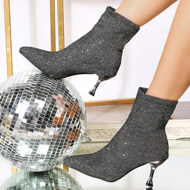 2024 nouvelles bottes sandales en maille pour femmes, talons hauts d'été sexy, chaussures creuses, bottines à la cheville, bout pointu 35-43