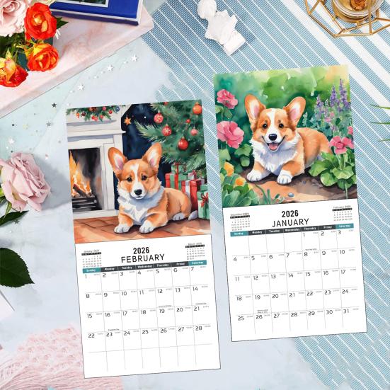 2026 Snödag Corgi Väggkalender 12-Månaders Corgi Hundtema Kalender av Tjockt Papper för Hemmakontorsinredning Hemdekoration Verktyg för Tidshantering