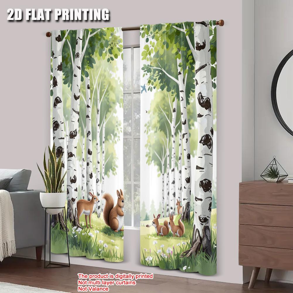Set Of 2 Flat Printing Scene Curtains Birch Forest Polyester Without Electricity Festive Use Holiday Parties Home Curtain Made