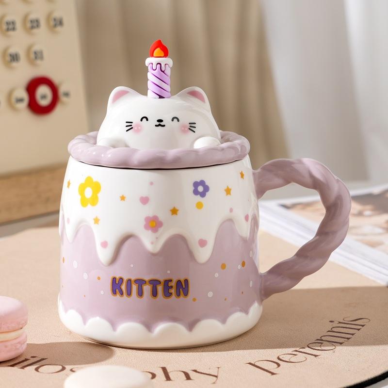 Roztomilý hrnek na narozeninový dort s víčkem a lžičkou, kreslený zvířátkový keramický hrnek na kávu, vysoce vypadající kancelářský hrnek na vodu