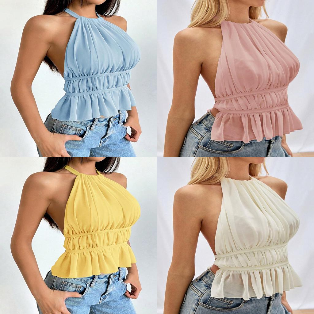 Polyester Blouse With Tie Straps For Women Summer 2025 Backless Design Elegant Style