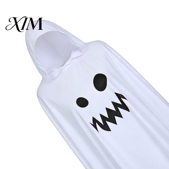 Comfortable Trick Or Treat Gear Halloween Ghost Cloak with Hood, Loose Fit Irregular Hem Costume Family Dress Up for Cosplay Party, White Spooky