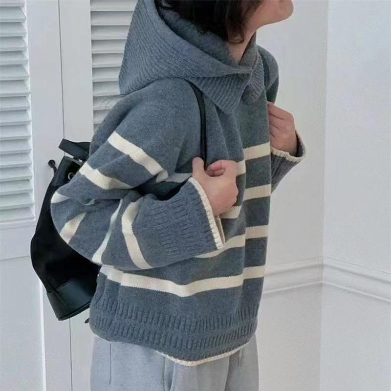 

Шикарный контрастный полосатый свитер с капюшоном женский осенний, зимний, осенне-зимний свободный ленивый ветер с длинным рукавом вязаный свитер топ one size fits all серый