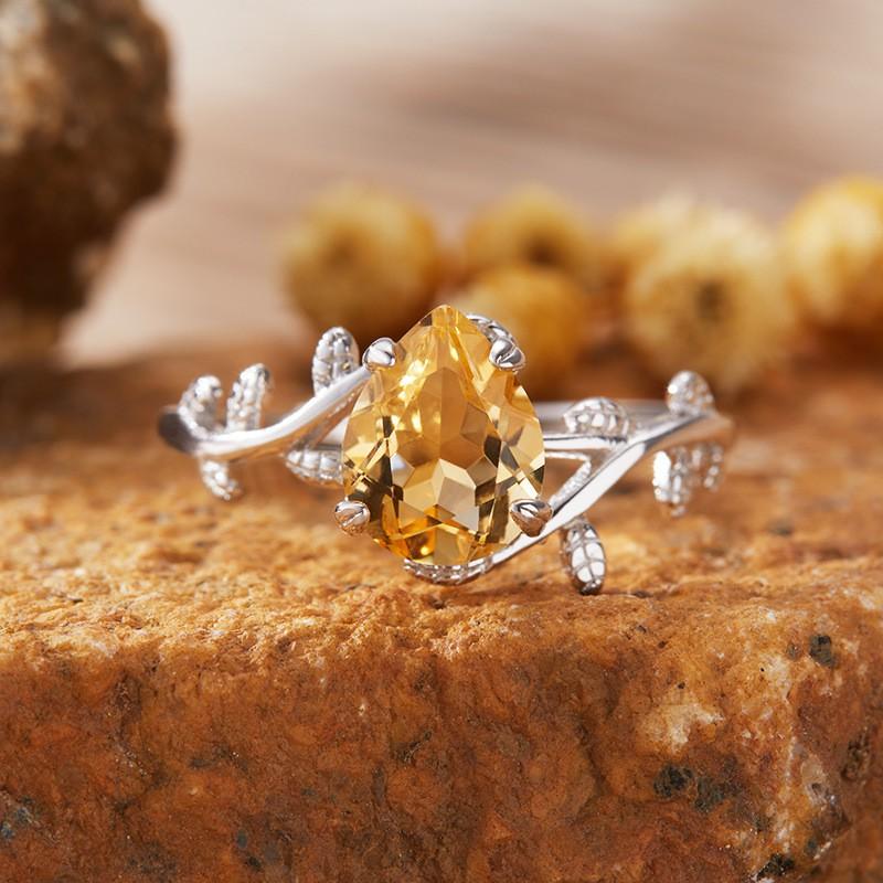 Womens Natural Gemstone Ring Amethyst Citrine Garnet Topaz Pear Shape Fresh Sweet Style Unique Gift