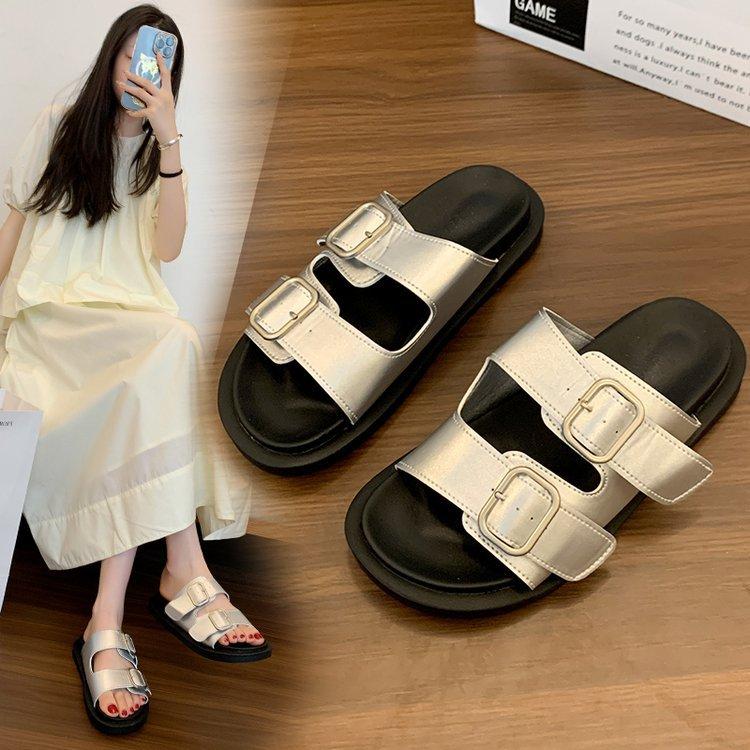 White silver~ thick-bottomed casual cool slippers female summer Internet celebrity outer wear fashionable versatile belt buckle one-word drag female