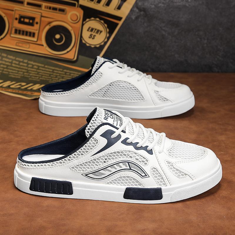 New Canvas Shoes Mesh Half Tray Shoes Men's Summer Sandals Lazy Slippers Fashionable Hollow Breathable Sports and Leisure Shoes